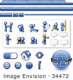 #34472 Clip Art Graphic Of A Blue Guy Character Web Designer Kit With Tabs Icons And People