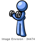 #34474 Clip Art Graphic Of A Blue Guy Character Working Out With Dumbells