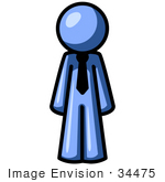 #34475 Clip Art Graphic Of A Blue Guy Character In A Business Tie Standing Straight