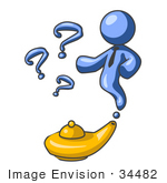 #34482 Clip Art Graphic Of A Blue Genie Guy Character Emerging From A Golden Lamp With Three Available Wishes For His Master