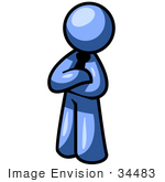 #34483 Clip Art Graphic Of A Blue Guy Character Standing With His Arms Crossed