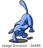 #34485 Clip Art Graphic Of A Blue Dog Character Digging A Hole