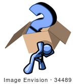 #34489 Clip Art Graphic Of A Blue Guy Character Carrying A Question Mark In A Heavy Box