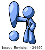 #34490 Clip Art Graphic Of A Blue Guy Character Leaning Against Or Punching An Exclamation Point