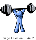#34492 Clip Art Graphic Of A Blue Guy Character Holding A Heavy Barbell Above His Head