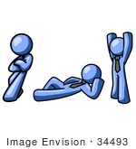 #34493 Clip Art Graphic Of A Blue Guy Character In Three Poses Leaning Laying Down And Stretching
