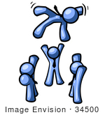 #34500 Clip Art Graphic Of A Blue Guy Character Being Tossed In The Air By Colleagues