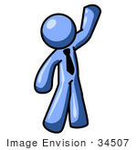 #34507 Clip Art Graphic Of A Blue Guy Character Wearing A Business Tie And Waving