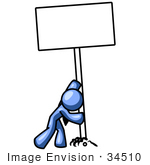 #34510 Clip Art Graphic Of A Blue Guy Character Putting A Blank Sign In The Ground