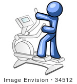 #34512 Clip Art Graphic Of A Blue Guy Character Working Out On An Eliptical Trainer