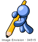 #34515 Clip Art Graphic Of A Blue Guy Character Leaning Heavily While Writing With A Giant Pencil
