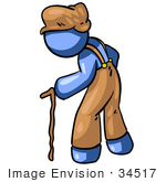 #34517 Clip Art Graphic Of A Blue Guy Character Aging Hunched Over And Walking With A Cane