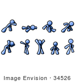 #34526 Clip Art Graphic Of A Blue Guy Character Collection Of 9 Different Poses Showing Strength