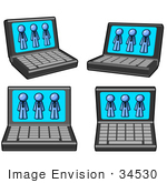 #34530 Clip Art Graphic of Blue Guy Characters Displayed On Laptop Computer Monitors by Jester Arts
