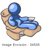 #34535 Clip Art Graphic Of A Blue Guy Character With A Belly Sitting In A Reclining Chair
