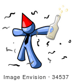 #34537 Clip Art Graphic Of A Blue Guy Character In A Party Hat Getting Drunk At A New Year Or Birthday Party