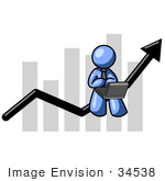 #34538 Clip Art Graphic Of A Blue Guy Character Working On A Laptop And Sitting On An Arrow Over A Bar Graph