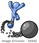 #34542 Clip Art Graphic Of A Blue Guy Character Leaping Free From A Ball And Chain