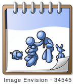#34545 Clip Art Graphic Of A Blue Guy Character Kneeling With His Family And Pets On A Notepad