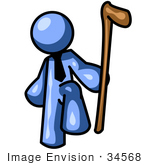 #34568 Clip Art Graphic Of A Blue Guy Character Lifting His Foot And Holding A Cane
