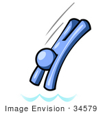 #34579 Clip Art Graphic Of A Blue Guy Character Diving In A Pool