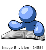 #34584 Clip Art Graphic Of A Blue Guy Character Reading A Newspaper