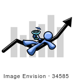 #34585 Clip Art Graphic Of A Blue Guy Character On An Arrow Drinking A Martini Over A Bar Graph