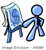 #34589 Clip Art Graphic Of A Blue Guy Character Giving A Financial Presentation