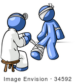 #34592 Clip Art Graphic Of A Blue Guy Character Getting Bandaged By A Doctor