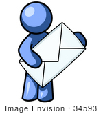 #34593 Clip Art Graphic Of A Blue Guy Character Holding An Envelope