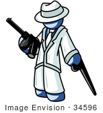 #34596 Clip Art Graphic Of A Blue Guy Character In The Mafia Holding A Gun