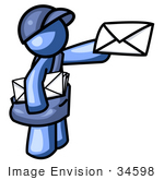 #34598 Clip Art Graphic Of A Blue Guy Character Mailman Delivering A Letter