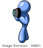 #34601 Clip Art Graphic Of A Blue Guy Character Taking Pictures