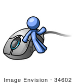 #34602 Clip Art Graphic Of A Blue Guy Character Leaning Against A Computer Mouse And Waving