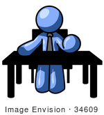 #34609 Clip Art Graphic Of A Blue Guy Character Sitting At A Desk