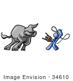 #34610 Clip Art Graphic Of A Blue Guy Character Figint A Bull With A Stool And Whip