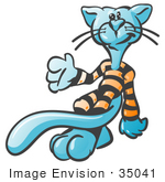 #35041 Clip Art Graphic Of A Blue Cat Strutting Around In His Orange And Black Pajamas
