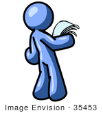 #35453 Clip Art Graphic Of A Blue Guy Character Reading A Letter