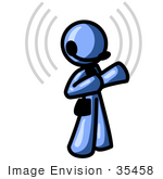 #35458 Clip Art Graphic Of A Blue Guy Character Talking On A Wireless Headset