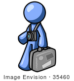 #35460 Clip Art Graphic Of A Blue Guy Character Touring With A Camera And Luggage