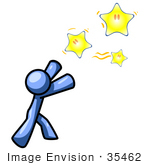 #35462 Clip Art Graphic Of A Blue Guy Character Reaching For Shining Stars