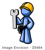 #35464 Clip Art Graphic Of A Blue Guy Character Holding A Wrench And Wearing A Tool Belt