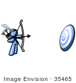 #35465 Clip Art Graphic Of A Blue Guy Character Aiming Arrows At A Target