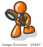 #35467 Clip Art Graphic Of An Orange Guy Character Kneeling And Peering At Something Through A Magnifying Glass
