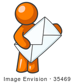#35469 Clip Art Graphic Of An Orange Guy Character Holding A Giant White Envelope