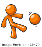 #35470 Clip Art Graphic Of An Orange Guy Character Kicking A Ball Really Hard While Playing On A Field