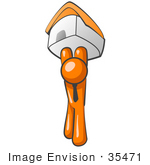 #35471 Clip Art Graphic Of An Orange Guy Character Holding A House High Above His Head