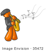 #35472 Clip Art Graphic Of An Orange Guy Character Musician Playing A Sax