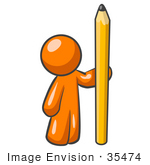 #35474 Clip Art Graphic Of An Orange Guy Character Standing By A Large Yellow Pencil