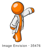 #35476 Clip Art Graphic Of An Orange Guy Character In A White Lab Coat A Doctor Or Scientist Waving